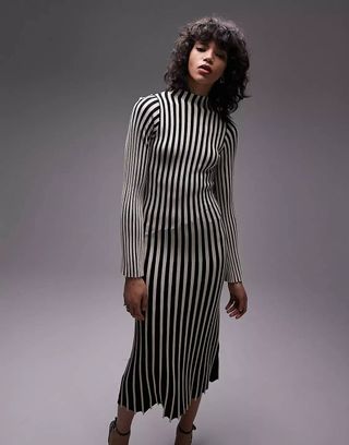Topshop + Knitted Stripe Long Sleeve Midi Dress