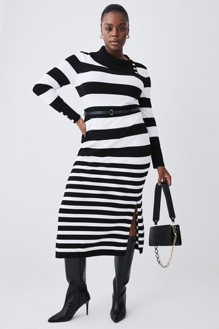 Karen Millen + Plus Size Buttoned Collar Stripe Viscose Blend Knitted Midi Dress
