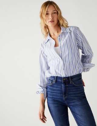 M&S Collection + Pure Cotton Striped Collared Longline Shirt