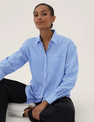 M&S Collection + Pure Cotton Striped Oversized Girlfriend Style Shirt