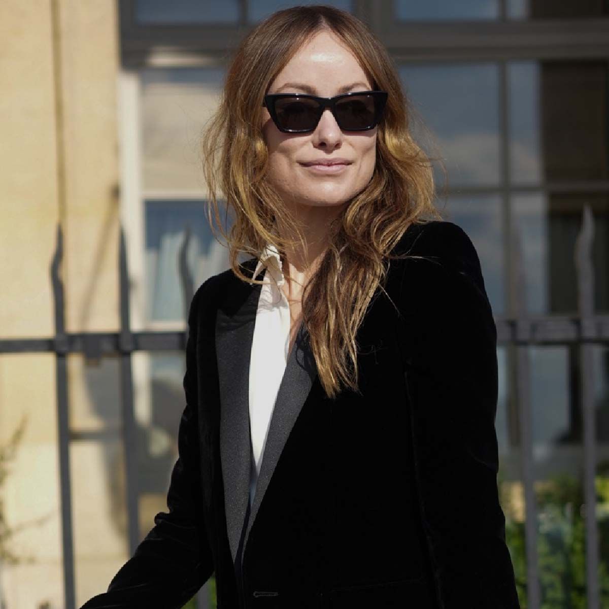Olivia Wilde Wore A Glorious Deep-V-Neck Velvet Suit—See Photos
