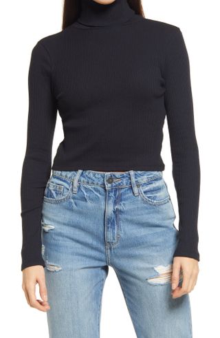 Topshop + Ribbed Stretch Cotton Turtleneck Top