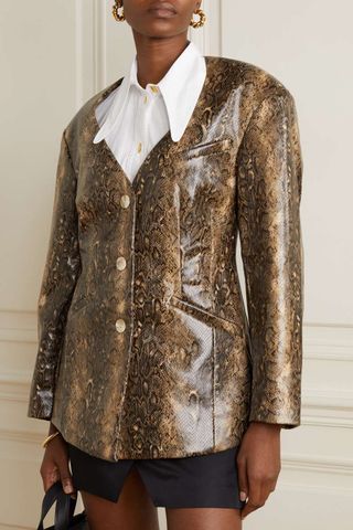 Ganni + Snake-Effect Recycled Faux Leather Blazer