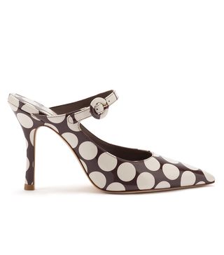 Larroude + Candy Pump in Brown Polka Dot Print Patent Leather