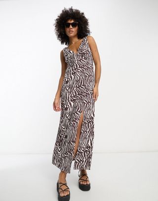 ASOS Design + Linen V Neck Maxi Slip Sundress in Natural Zebra