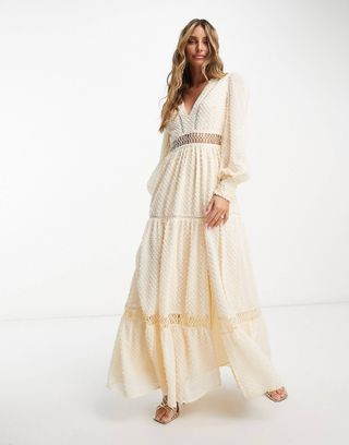 ASOS Design + Tufted Textured Lace Insert Maxi Dress in Cream