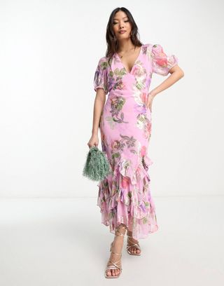ASOS Design + Petite Ruffle Frill Hem Maxi Dress in Pink Lurex Rose Print