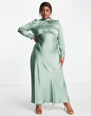 ASOS Design + Curve High Neck Maxi Satin Tea Dress in Forest Green