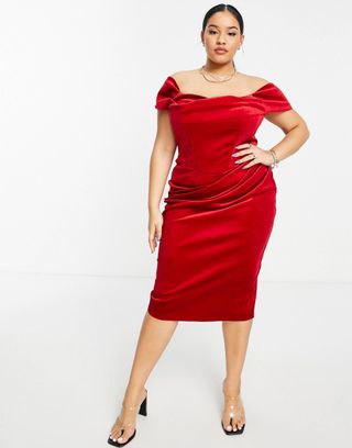 ASOS Design + Curve Drape Bardot Corset Velvet Pencil Midi Dress in Red