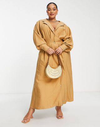 ASOS Editon + Curve Drape Midi Shirt Dress With Pleat Waist Detail in Camel