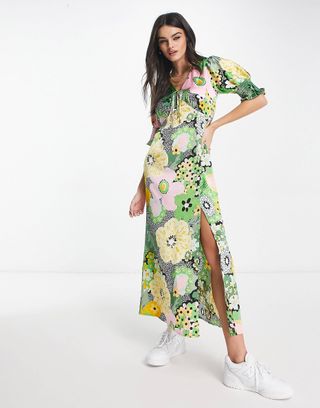 ASOS Design + Satin Shirred Cuff Midi Tea Dress With Tie-Front in Floral Print
