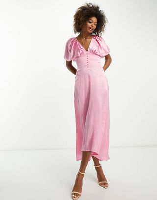 ASOS Design + High Low Hem Satin Batwing Midi Dress With Button Up Detail in Pink