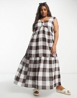 ASOS Design Curve + crinkle trapeze maxi sundress in chocolate gingham