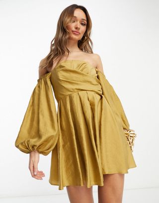 ASOS Design + Washed Off Shoulder Balloon Sleeve Mini Dress With Wrap Corset Detail in Stone