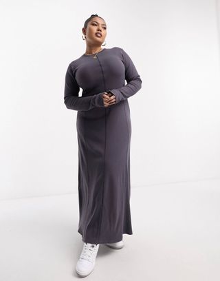 ASOS Design Curve + Long Sleeve Rib Midi Dress With Contrast Stitch Detail in Dark Gray