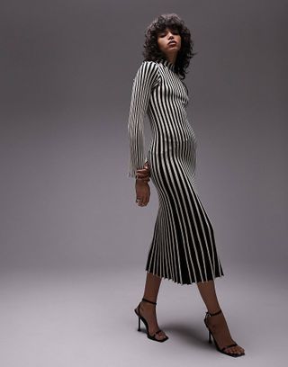 Topshop + Knit Stripe Long Sleeve Midi Dress in Monochrome