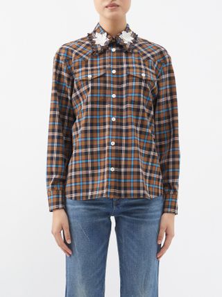Alessandra Rich + Floral-Appliqué Checked Wool Shirt
