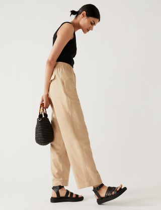 M&S Collection + Linen Blend Relaxed Straight Trousers