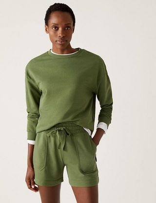 M&S Collection + Cotton Rich Jersey Jogger Shorts in Olive