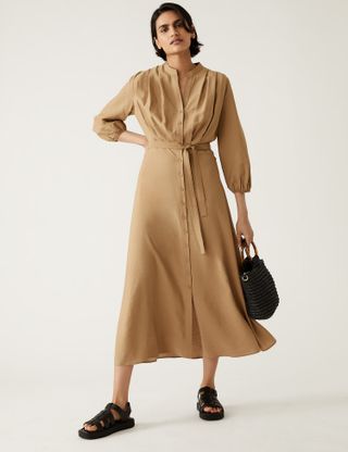 M&S Collection + Round Neck Pleated Midi Shirt Dress