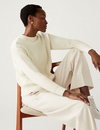 M&S Collection + Cotton Rich Textured Crew Neck Jumper in Ivory