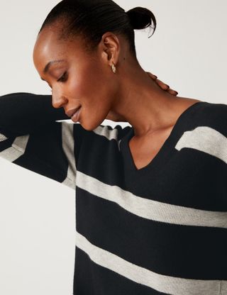 M&S Collection + Soft Touch Striped Ribbed V-Neck Jumper