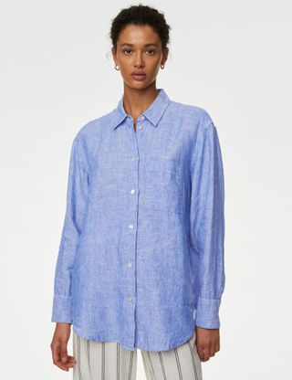 M&S Collection + Pure Linen Oversized Shirt in Chambray