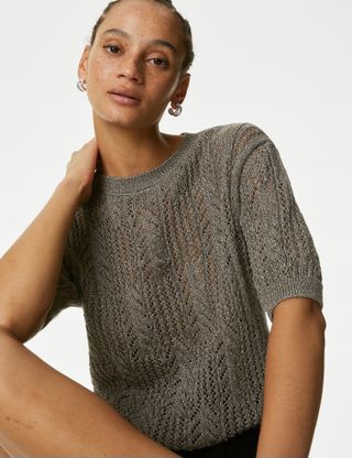 M&S Collection + Cotton Blend Sparkly Pointelle Knitted Top