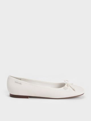 Charles & Keith + White Rounded Square-Toe Bow Ballerinas