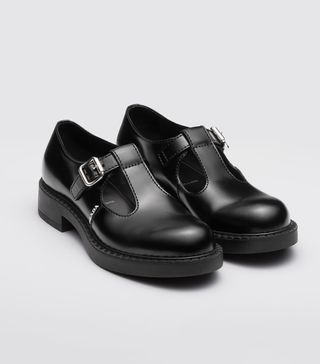 Prada + Brushed-Leather Mary Jane T-Strap Shoes
