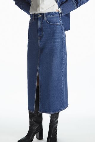 COS + Front-Slit Denim Midi Skirt