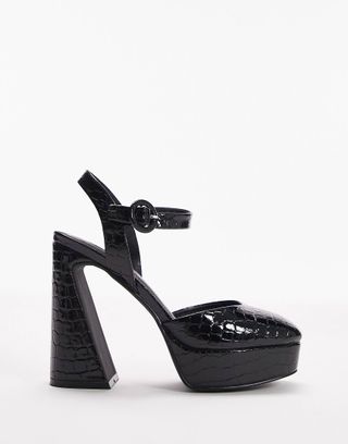 Topshop + Safa Platform Round Toe Court Shoe in Black Croc