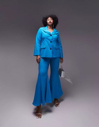 Topshop Curve + Premium Limited Edition Flared Trousers in Blue