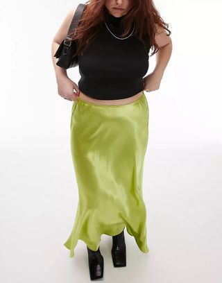 Topshop Curve + Satin Bias Maxi Skirt in Lime