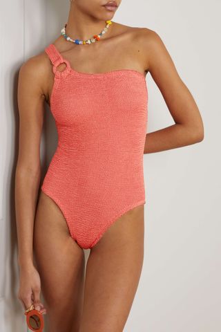 Hunza G x Rose Inc + Yasmeen One-Shoulder Seersucker Swimsuit