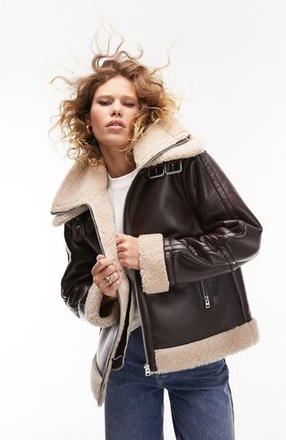 Topshop + Oversize Faux Leather Aviator Jacket With Faux Shearling Trim
