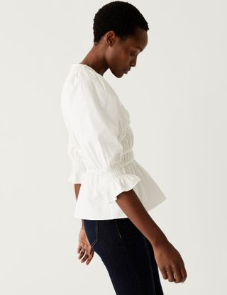 M&S Collection + Pure Cotton V-Neck Shirred Blouse