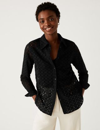 M&S Collection + Pure Cotton Broderie Collared Shirt
