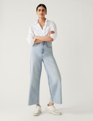M&S Collection + High Waisted Wide Leg Ankle Grazer Jeans