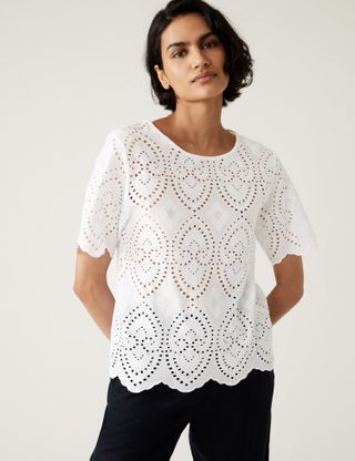M&S Collection + Jersey Broderie Regular Fit Top