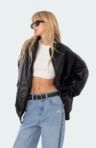 Edikted + Oversize Faux Leather Bomber Jacket