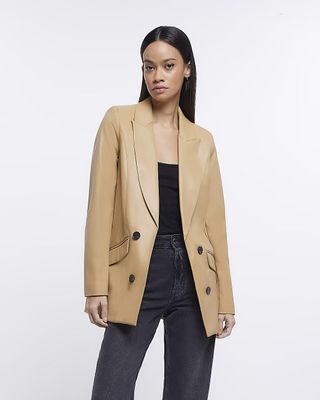 River Island + Brown Faux Leather Double Breasted Blazer