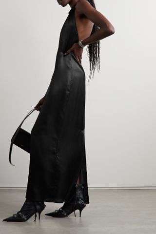 Acne Studios + Gathered Leather-Trimmed Satin Halterneck Maxi Dress