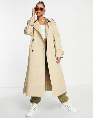 ASOS + Longline Trench Coat in Stone