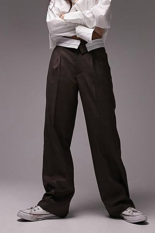 Topshop + Tailored Low Rise Mensy Pants With Turned Down Waist in Brown
