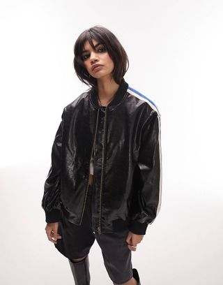 Topshop + Faux Leather Oversized Track Style Bomber Jacket