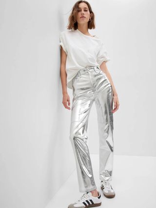 Gap + High Rise Faux Leather Silver Jeans