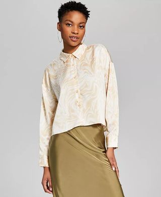 And Now This + Women's Drop-Shoulder Button Down Satin Blouse