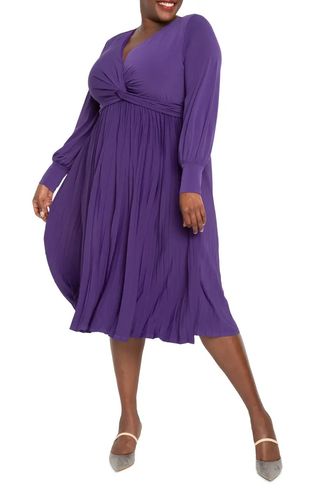 Eloquii + Pleated Knot Front Long Sleeve Dress