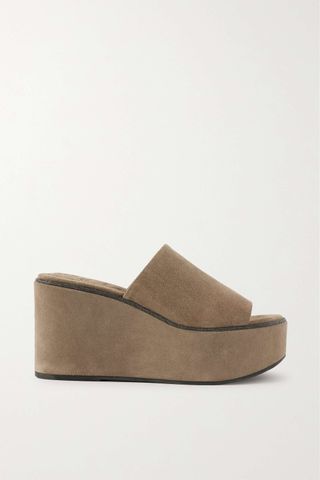 Brunello Cucinelli + Bead-Embellished Suede Wedge Mules